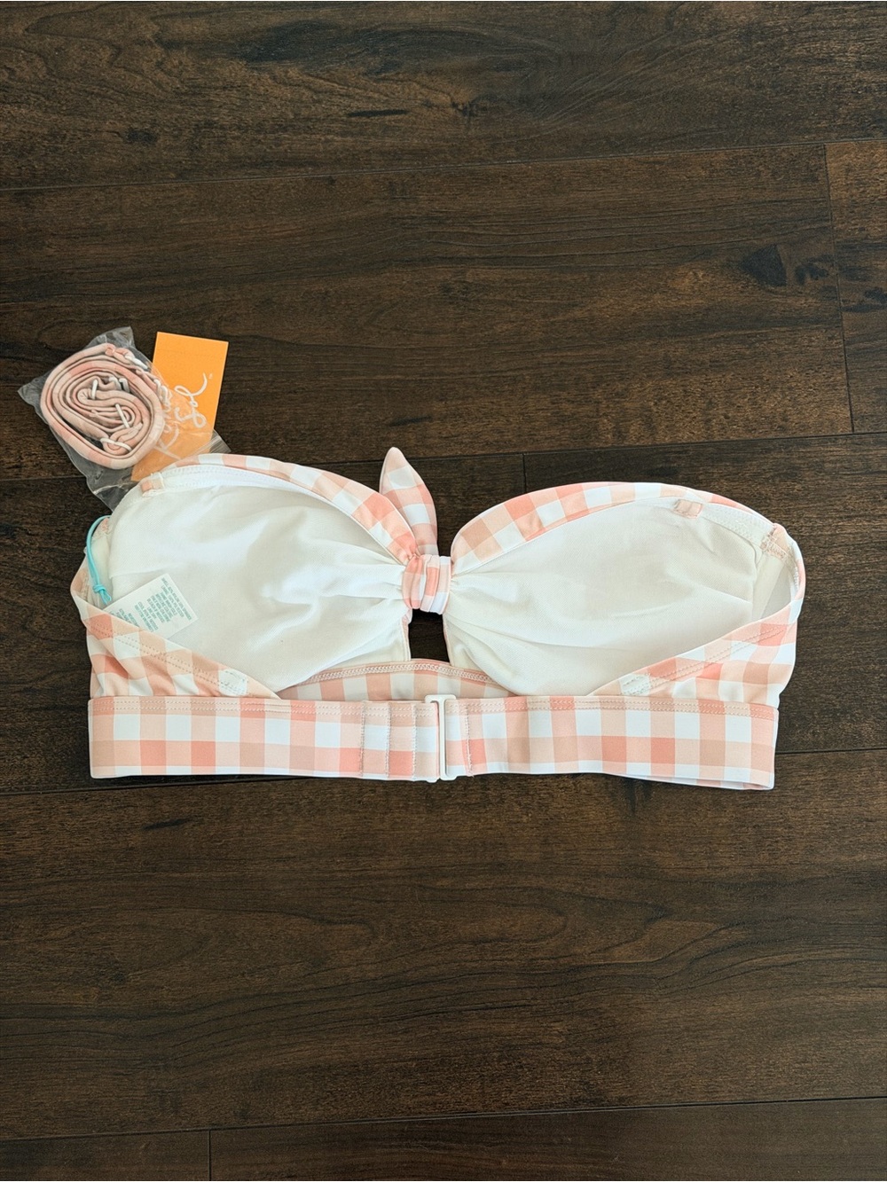 NWT Kona Sol Baby Pink Gingham Print Front Tie Bandeau Bikini Top - Picture 3 of 4